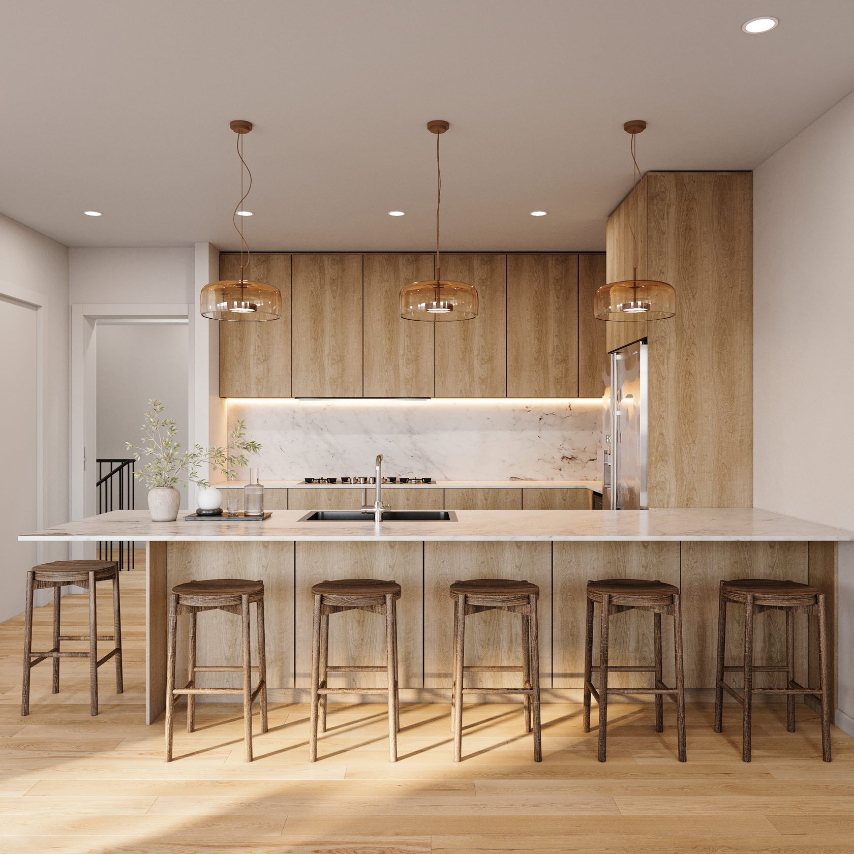 Custom home interior kitchen with warm wood cabinetry by Talbot Custom Homes